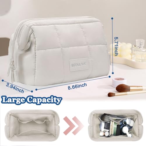 Image of Puffy Makeup Bag Travel Toiletry Bag, Waterproof Make Up Bag for Women, Lightweight Wide-open Cosmetic Bag with Multiple Compartments, Pouch Travel Essentials Toiletries, Beige