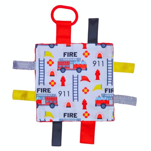 Image of Baby Jack & Co 8x8” Fire Lovey Tag Toys for Babies - Baby Crinkle Toys - Crinkle Toys for Baby - Soft & Safe - Learn Shapes & Colors - Ideal Baby Toy - BPA Free w/Stroller Clip