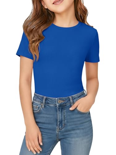 Haloumoning Girls Short Sleeve T-Shirts Kids Rib Knit Slim Fit Tops Summer Fashion Crewneck Tees 5-14 Years Royal Blue