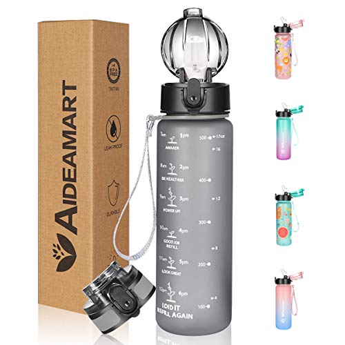 Kids Water Bottle with Time Marker Motivational Removable Strainer Carry Strap Drink Reminder Non-Toxic Leakproof BPA Free Tritan Sports Water Bottles for Women with 2 Lid(Flip-top Lid & Straw Lid)