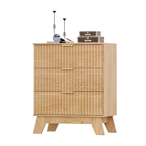 Image of HUANLEGO Fluted Nightstand with 3 Drawer for Bedroom, Oak | Mid Century Modern Beside Table with Metal Handle, Wooden End Table with 3 Drawers for Living Room, Closet, Entryway