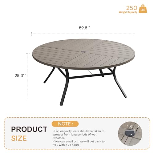 Image of VICLLAX Round Patio Table with Adjustable Umbrella Hole for 8, All Weather Metal Outdoor Dining Table for Lawn Garden, 59.8 inch Outdoor Coffee Table, Grey Wood-Like Tabletop