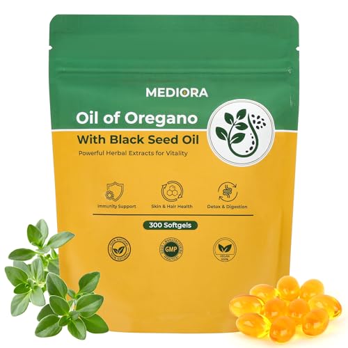 Mediora Oil of Oregano with Black Seed Oil Softgels, 300 Count – 2-in-1 Herbal Supplement with High Carvacrol & Thymoquinone for Gut Health and Immune Support, Plant-Based, Non-GMO