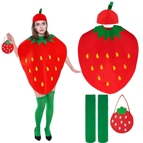 mifengda 4pcs Halloween Strawberry Costume Women Adult Strawberry Costume Girl Cute Fruit Costumes with Dress Hat Bag and Sock for Halloween Cosplay Dress Up Party