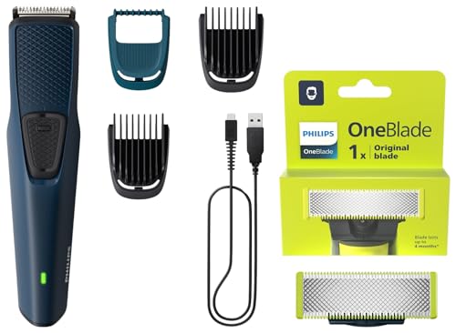 Image of Philips Battery Powered SkinProtect Beard Trimmer for Men - & Philips QP210 /51 Oneblade Replaceable Blade (Lime)