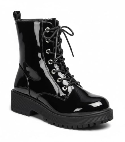 Forever Link Women's Combat Ankle Boots Black Patent 8.5
