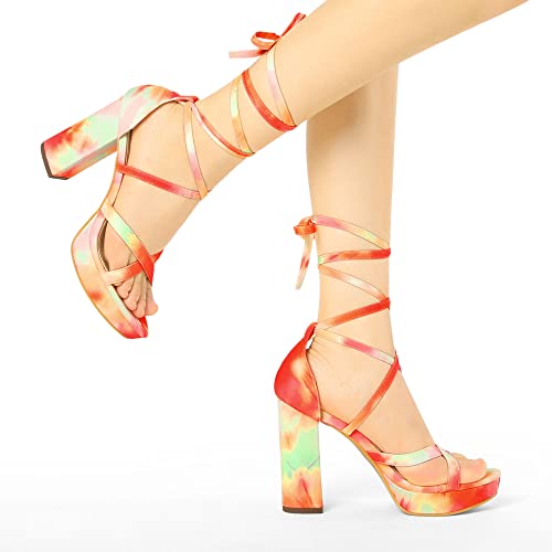 Allegra K Women's Tie Dye Platform Chunky Heel Lace Up Sandals2