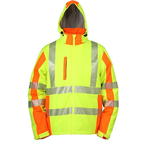 Warnschutz-Softshelljacke Winter, warm gefüttert, abnehmbare Kapuze (XXXL, Neongelb/Warnorange) winddicht, wasserabweisend, atmungsaktiv, mit Reflexstreifen, Warnschutzjacke Softshell Arbeitsjacke
