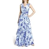 Tahari ASL Women's Sleeveless Surplus Watercolor Floral Chiffon Tiered Gown, Blue Water Floral, 6