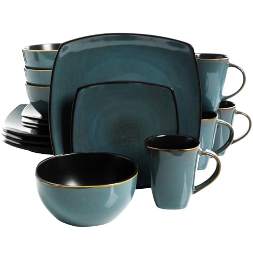 Gibson 116355.16 16-Piece Embossed Glazed Dinnerware Set with Plates, Bowls, and Mugs, Microwave and Dishwasher Safe, Teal and Black
