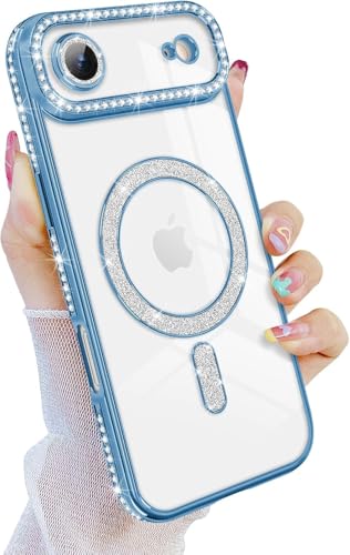 SUKOVIA Luxury Bling Rhinestone Diamond Glitter Back Cover Case for iPhone 17 Air | Compatible with Magsafe | Camera Lens Protection | iPhone 17 Air Back Cover Case for Girls Women | Blue
