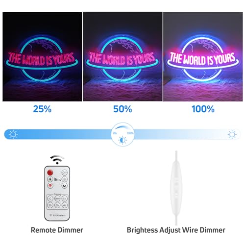 Image of The World is Yours Neon Sign with Remote Dimmer, Ice Blue Pink Planet LED Neon Light Lamp for Wall Decor, Man Cave Home Bar Game Room Bedroom Birthday Gift Graduation Party