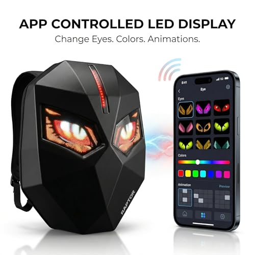 Image of MORPH RAPTOR VYRO Smart LED Backpack with App-Controlled RGB Eye Display | Hard Shell Anti-Theft Laptop Backpack for Riders & Gamers | USB Powered (Power Bank Not Included)