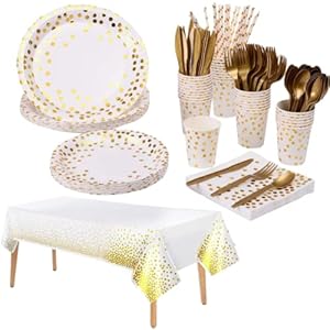 Vajilla de fiesta, Platos Fiesta Oro Blanco 129 Piezas Vajilla Papel Cumpleaños Incluye Platos, Servilletas, Vasos, Mantel, para Despedida de Soltera, Compromiso, Boda, Aniversario (16 Invitados)