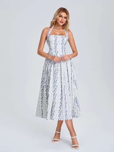 Image of Parthea Women's Floral Halter Corset Midi Dress 2026 Elegant Smocked Flowy Wedding Guest Dresses with Pockets
