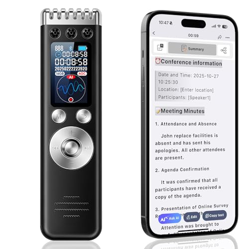 64GB Registratore Vocale AI- Registratore Vocale Professionale Portatile Trascrivi e Riassumi con Tecnologia AI, Supporta 256 Lingue, Controllo App, per Conferenze Riunioni Colloqui Classe