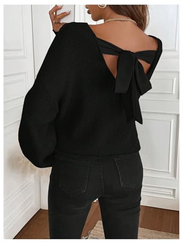 MakeMeChic Women's Bow Sweater Tie Back Long Sleeve Crew Neck Knitted Sweater Pullover Tops2