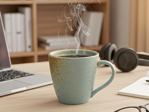 Image of Bodhi House Handmade Reactive Glaze Ceramic Coffee Mug Set of 2 Pieces (350 Ml), Stoneware Tea Cup, Microwave Safe Large Milk Mug, Ideal for Daily use, Casual Gatherings and Gifting, Turquoise-Copper