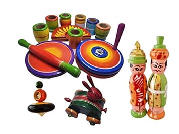 sawantwadi crafts indian wooden kitchen set for girls with spinning top, rabbit car and wooden couple dolls from sawantwadi (set of 16 pcs)-Multi color