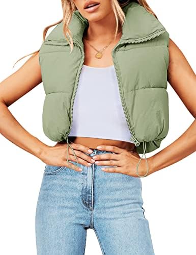 MEROKEETY Women's Stand Up Collar Solid Color Crop Puffer Jacket Vest Warm Outerwear Padded Gilet,PeaGreen,L