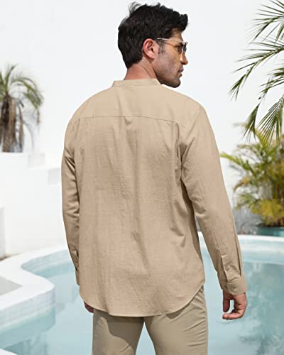 Banded Collar Shirts For Men Mens Long Sleeve Slim Regular Fit Dress Button Up Made With Cotton Soft Linen Big And Tall Clergy Mandarin Chinese Band China No Collar French Cuff African Khaki Size Xs #TOP3