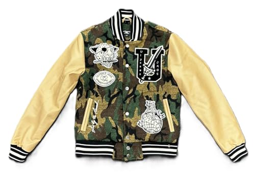 Jordan Craig Boys Varsity Jacket, Vintage Camo Print, Cream Sleeves, Striped Ribbing
