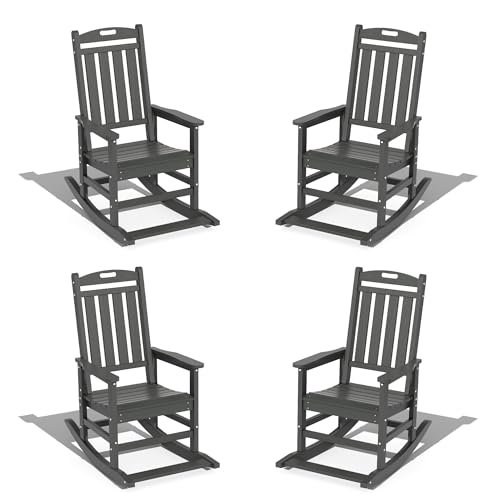 LOUNZY Outdoor Rocking Chair with Footboards Set of 4, HDPE Rocking Chair Patio Porch Rocker with 380lbs Support for Adult, Grey Set of 4 Grey