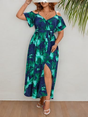 Image of Floerns Women's Plus Size Cold Shoulder Short Sleeve Split Thigh Long Dress
