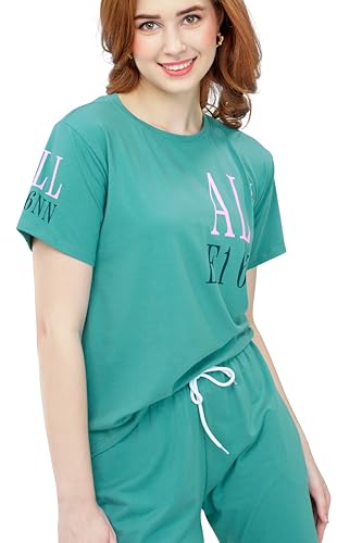 Image of ZEYO Women's Cotton Typography Wide Bottom Night Suit Set of Top & Pajama Set