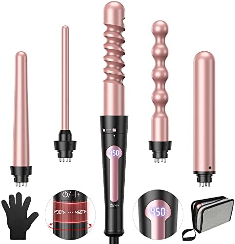 USHOW Curling Iron, 5 in 1 Curling Wand Set, Instant Heat Up Hair Curler with 5 Interchangeable Tourmaline Ceramic Barrels (0.35" to 1.25"), LCD Heat Display, 12 Adjustable Temperature, Include Glove