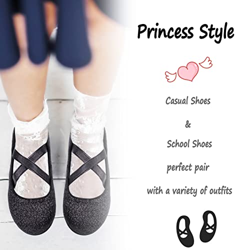Girls Glitter Ballet Flats, Cross Strap Dress Shoes For Girl Sparkle Princess Mary Jane Shoe Back To School Wedding Party (Black) #TOP3