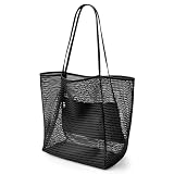 LAILAILE Foldable Beach Bag for Women, Large Capacity Lightweight Tote Bag, Quick-Dry Nylon Mesh Casual Shoulder Bag for Picnic, Shopping & Day Trips (Black)