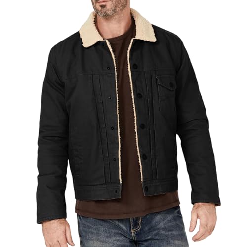 Jackets For Men Fashion Dressy, Winter Jacket Thick Thermal Cotton Warm Fleece Lined Coat Trucker Lapel Work Cargo Pockets Rain Mens Waterproof With Hood Pink (L, Black)