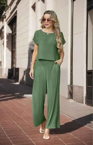 Lepunuo Women Summer Two Piece Cap Sleeve Top and Wide Leg Pants Lounge Matching Set Tracksuit Vacation Outfits — view 3