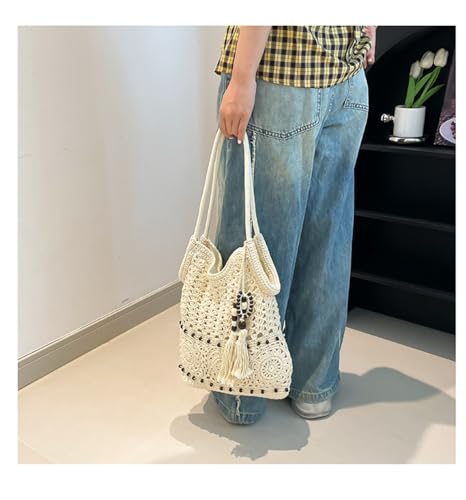 Womens Handwoven Beach Shoulder Bag Summer Mesh Knit Casual Tote Bag with Tassel Beads2