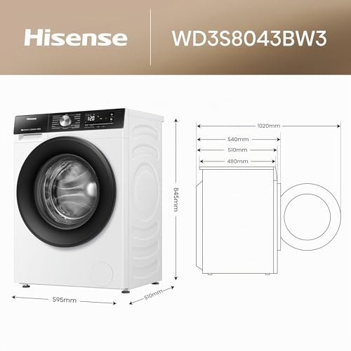 Hisense WD3S8043BW3 Waschtrockner/ConnectLife /16 Programme /8 KG, 54 Liter /1400 U/min/Dampffunktion/JetWash/Anti-Allergie Program/Auto Program/Eco Wash/Steam RefreshWeiß – Ansicht 2