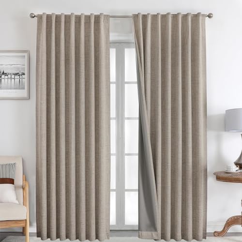 Joydeco 100% Cortinas Opacas 2 Piezas, Lino Cortinas Dormitorio con Pasadores Anti Luz Cortina Termica Aislantes Frio y Calor para Salon（2x260x140，Lino）
