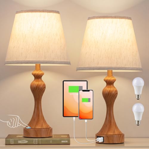 Touch Lamps for Nightstand, 3 Way Dimmable Bedside Lamps with USB C+A Ports