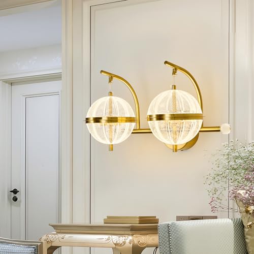 Image of UOFUS 24W Gold Bathroom Light Fixtures Modern LED Vanity Light with Globe Acrylic LampShade 2 Lights Mid Century Wall Sconces Indoor Vanity Lights Over Mirror for Bedroom Hallway Entryway