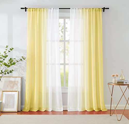 Yellow Ombre Chiffon Sheer Window Curtain Panels 63 Inch Long Crinkle Voile Sheer Curtains For Living Room Kids Room, Set Of 2 Gradient Window Crushed Treatment Drapes Bedroom, Rod Pocket 52"X63"X2 #TOP5