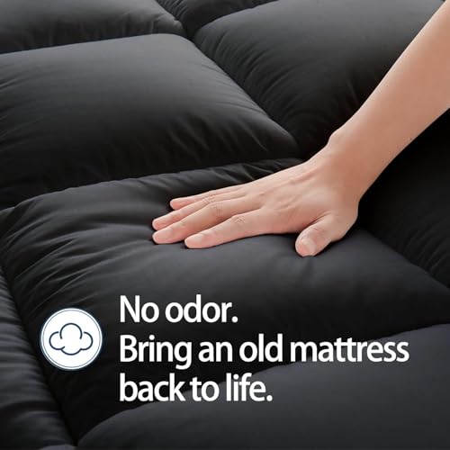 Mattress Topper Queen, Extra Thick Mattress Pad Cover, Plush Pillow Top, Deep Elastic Pocket, Black