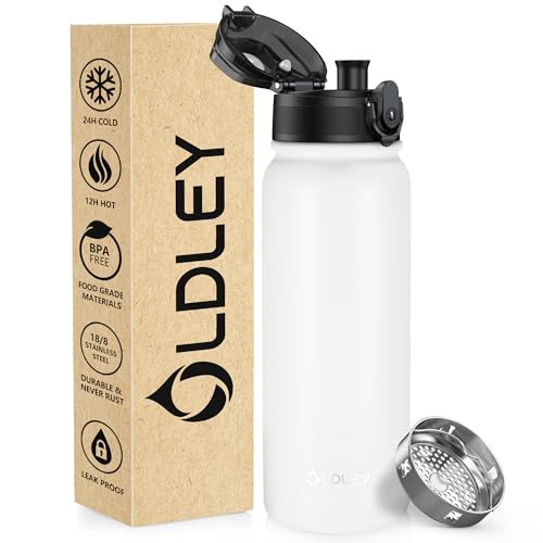 OLDLEY 600ml/20oz Stainless Steel Water Bottle Double Walled Vacuum Flask Keeps Drink Hot and Cold Leakproof BPA Free 600ML Metal Insulated Water Bottle for Sport School Work Outdoor Hiking (White)