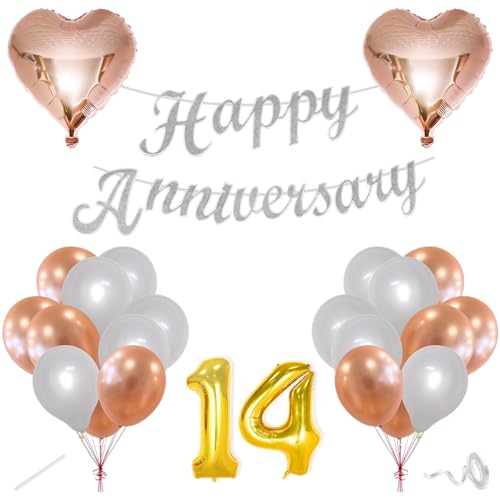 Image of Flyloons 14th Happy Anniversary Decoration Items Rose Gold White for Men Women Husband Wife Mom Dad Parent Couple Home Bedroom Car With 20 Pcs Metallic Balloons Anniversary Banner 2 Pcs Heart Set Kit