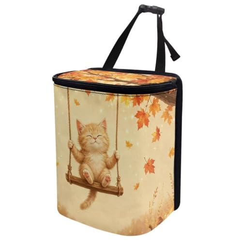 Image of Talayituse Cat Maple Print Car Trash Can with Lid, Leak Proof Auto Trash Bag Hanging Vehicle Garbage Can Multipurpose Storage Container for Back Seat Road Trip Autumn Decor