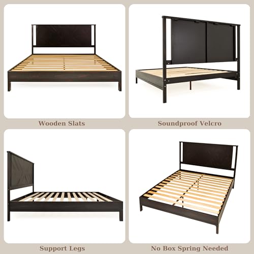 Image of Bme Ethan King Size Bed Frame with Diamond Headboard, Rustic Mid-Century Modern, Solid Acacia Wood, No Box Spring Needed, Slat Support, Rustic Black