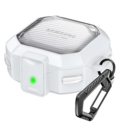 U. EHome (with Secure Lock) Clear Carbon Fiber Case Cover for Samsung Galaxy Buds FE (2023) /Galaxy 2 Pro(2022)/Galaxy Pro(2021)/Galaxy 2(2021)/Galaxy Live(2020) with Keychain - White
