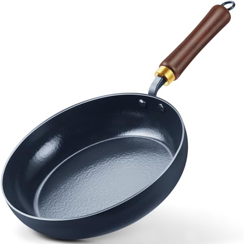 BrBrGo 11-Inch Enameled Carbon Steel Nonstick Frying Pan with Wooden Handle - Oven-Safe, Non-Toxic Cookware for All Stovetops
