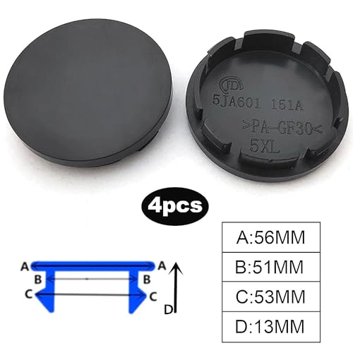 4 Stück Radnabenkappen 56mm, Universal Nabendeckel Radnabenabdeckung, Felgendeckel, Felgenkappen, Universal ABS Nabenkappen Schwarz (OD 56mm ID 51mm)