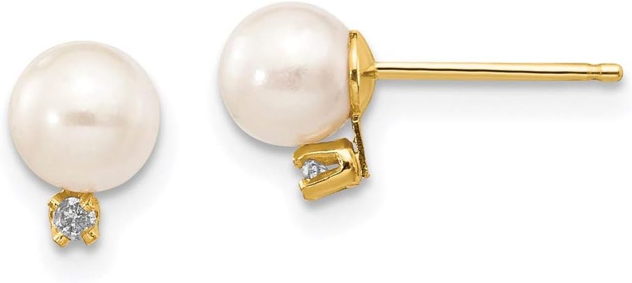 14k Yellow Gold White Round Shape Freshwater Cultured Pearl Diamond Post Earrings Fine Jewelry For Women Gifts For Her (5-6mm)