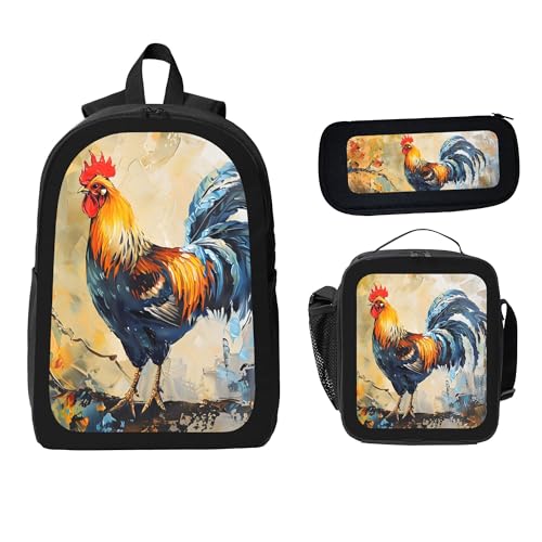 Animal Chicken Oil Painting 3 Pcs 17 Inches Backpack Set With Insulated Lunch Bag And Pencil Pouch Large Back Pack For Men Women Lunchbox Pencil Case Waterproof Backpacks Lunch Box 3 Piece Daypacks2